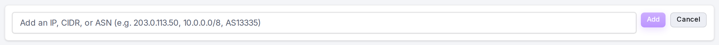 The inline Add-entry form for the allowlist: an IP or CIDR range, with no action to choose.