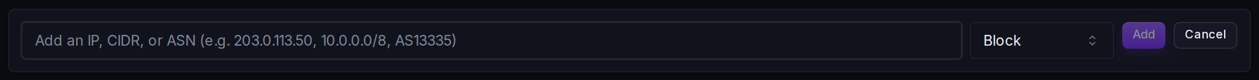 The inline Add-entry form: an IP or CIDR range plus the Block or Challenge action.