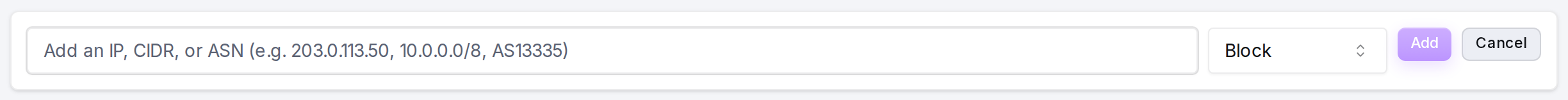 The inline Add-entry form: an IP or CIDR range plus the Block or Challenge action.