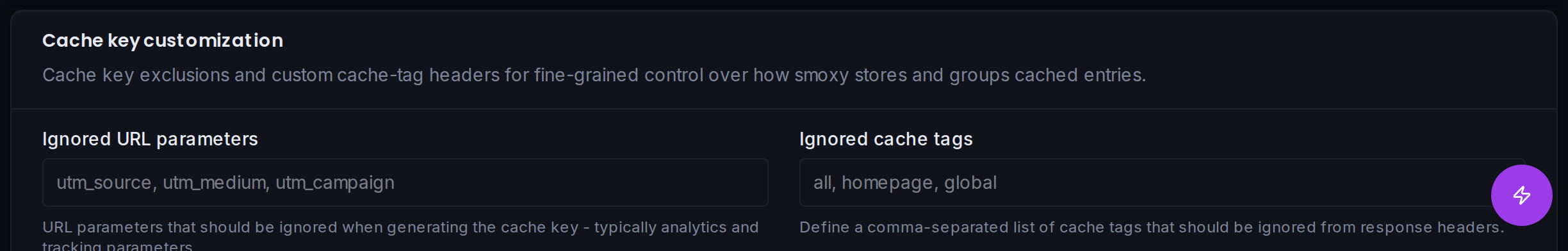 The cache key customization card: ignored URL parameters, ignored cache tags, and custom cache-tag headers.