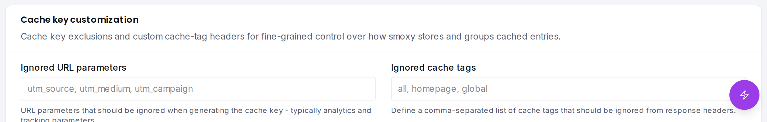 The cache key customization card: ignored URL parameters, ignored cache tags, and custom cache-tag headers.
