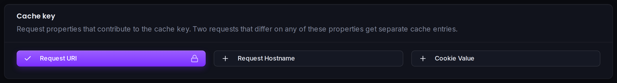 The cache key card: which request properties contribute to the key.