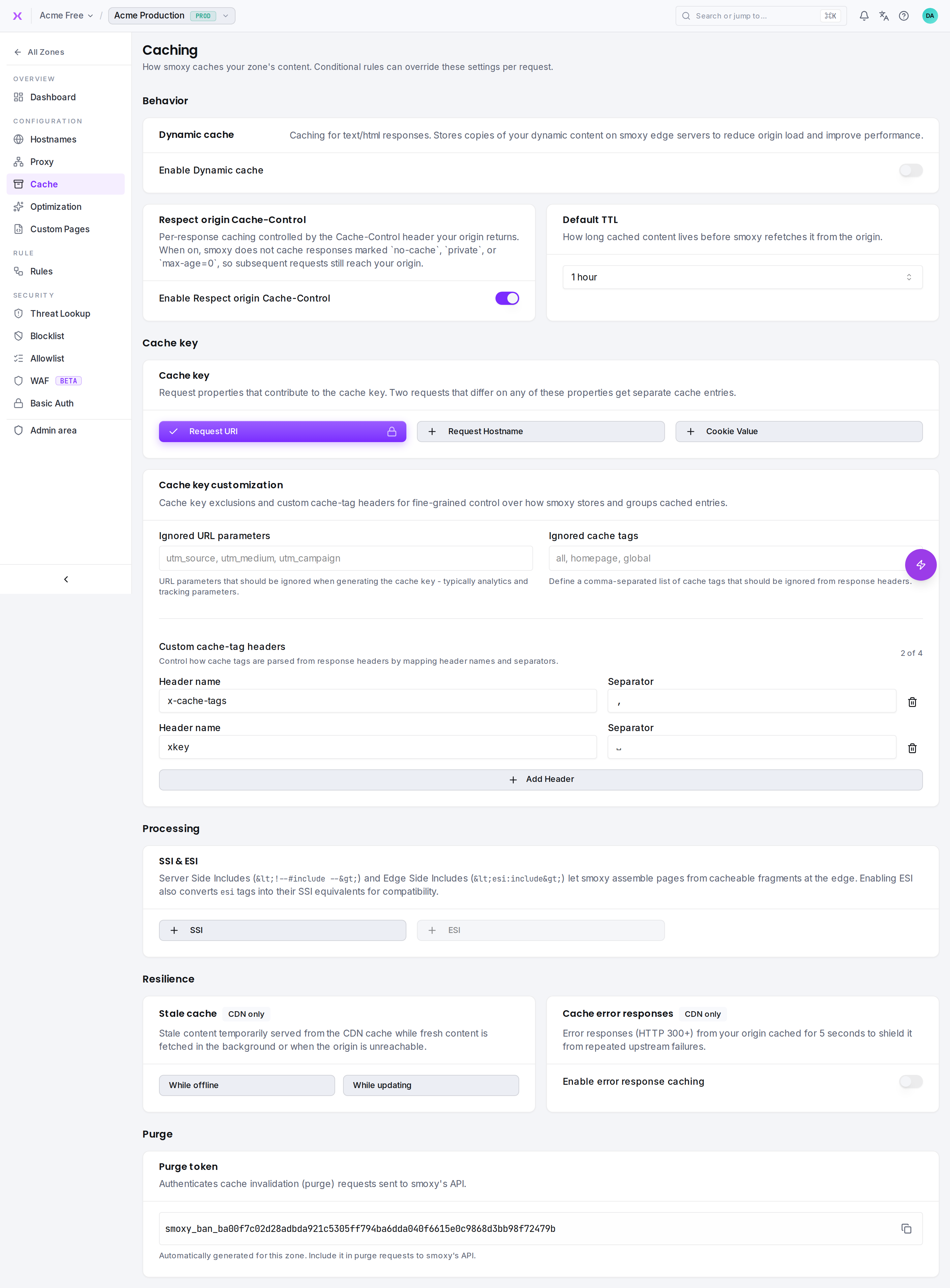 Cache configuration: behavior, TTL, cache key, tags, and stale behavior.