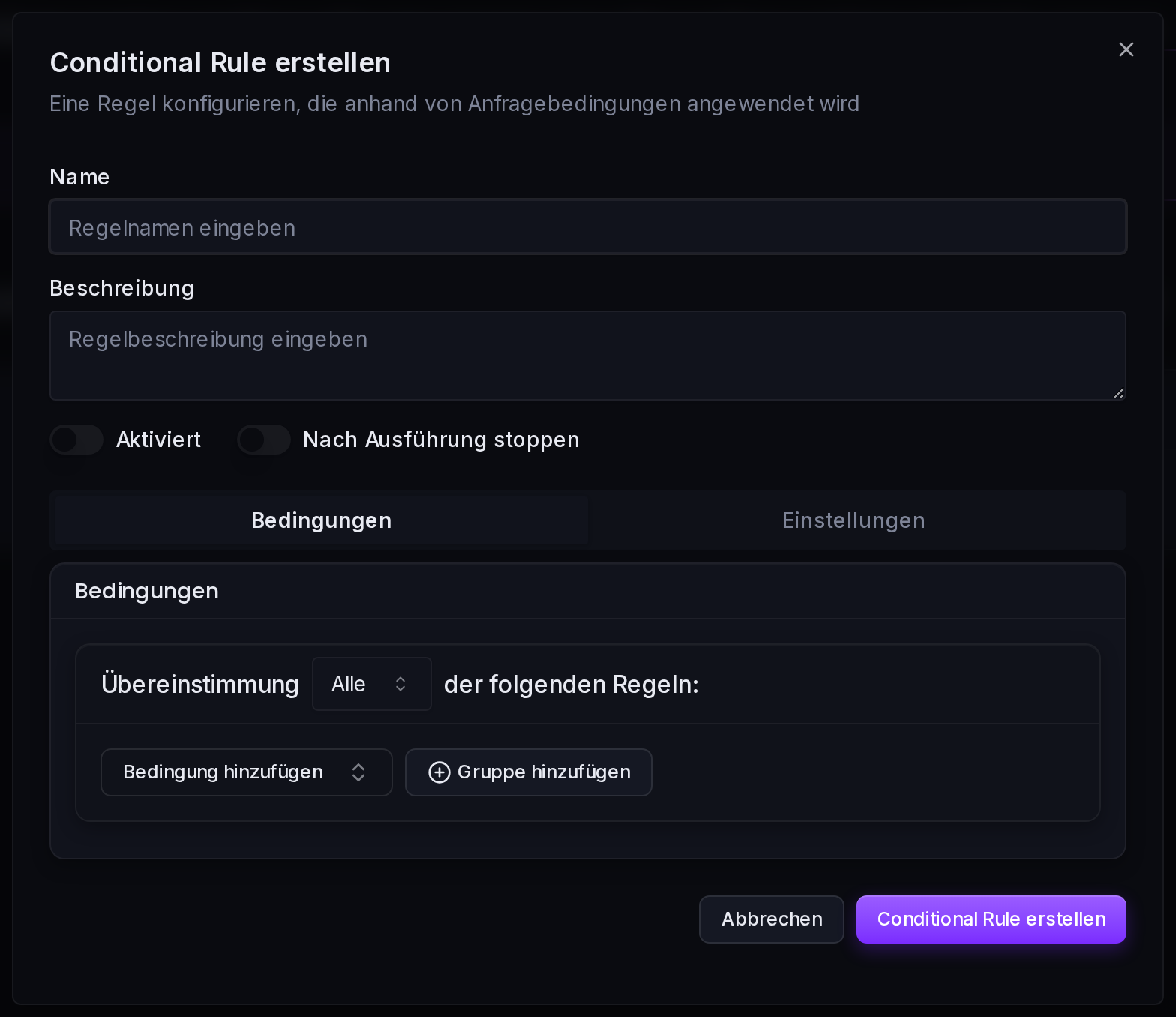 Das Formular „Conditional Rule erstellen“ mit dem Bedingungs-Builder im Tab „Bedingungen“.