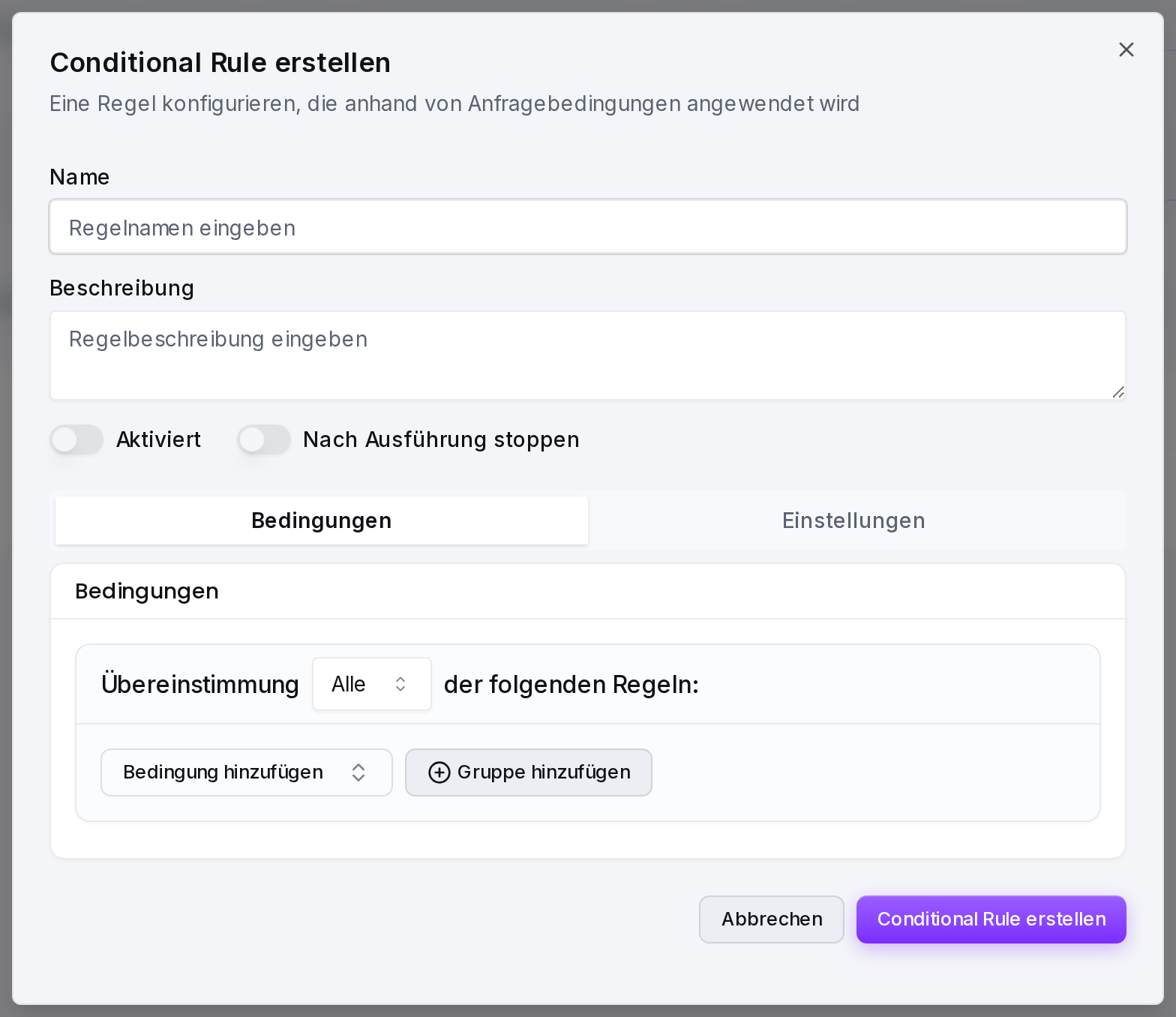 Das Formular „Conditional Rule erstellen“ mit dem Bedingungs-Builder im Tab „Bedingungen“.