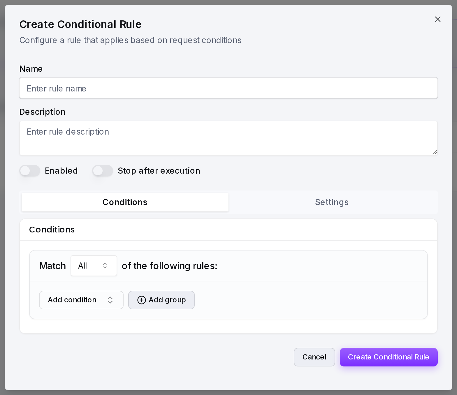 The Create Conditional Rule form with the condition builder on the Conditions tab.