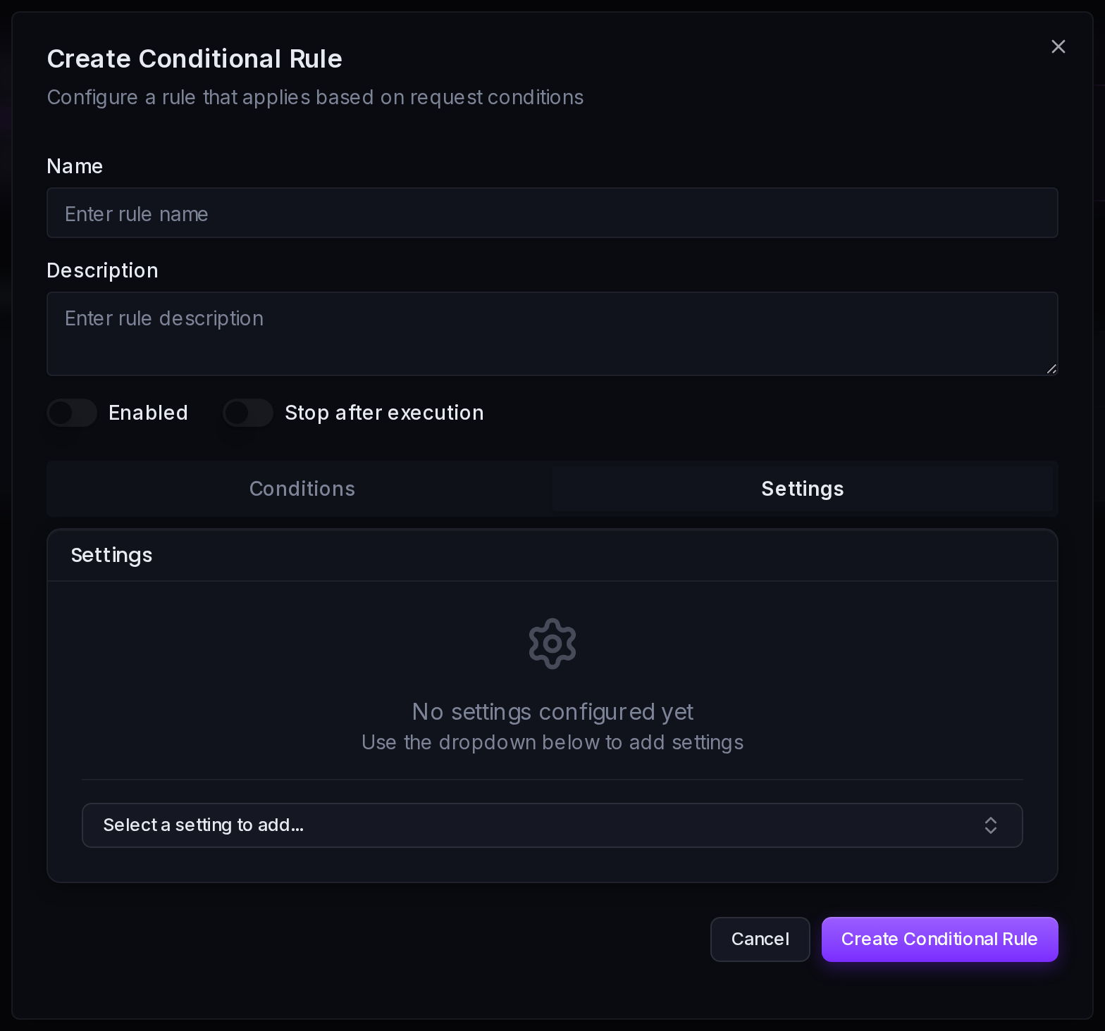 The Settings tab: choose which zone settings this rule overrides.