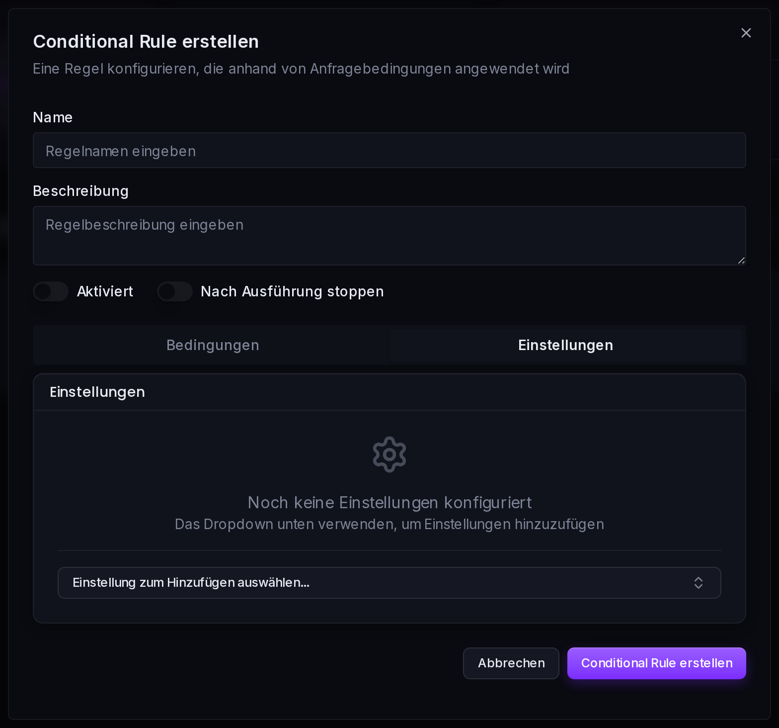 Der Tab „Einstellungen“: Auswahl der Zoneneinstellungen, die diese Regel überschreibt.
