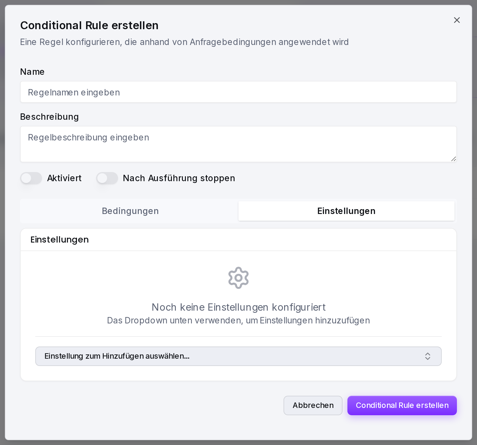 Der Tab „Einstellungen“: Auswahl der Zoneneinstellungen, die diese Regel überschreibt.