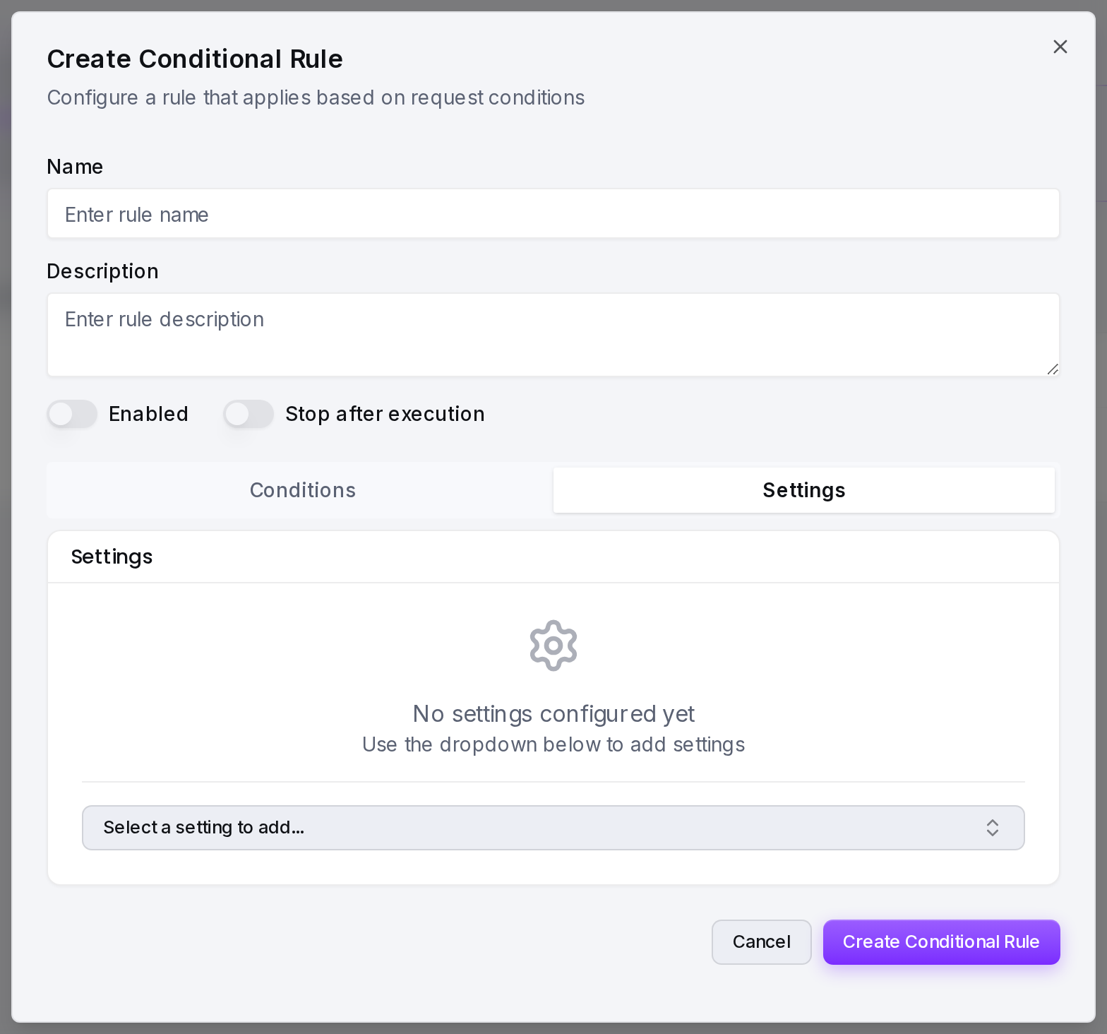The Settings tab: choose which zone settings this rule overrides.