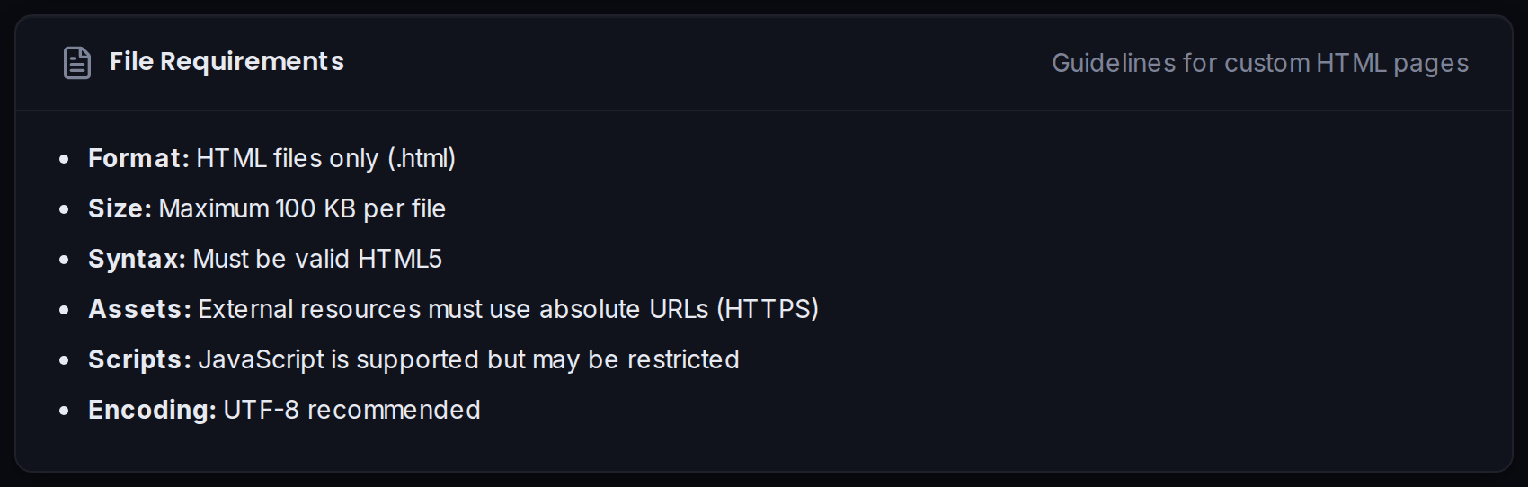 The File Requirements card summarizing format, size and encoding rules.