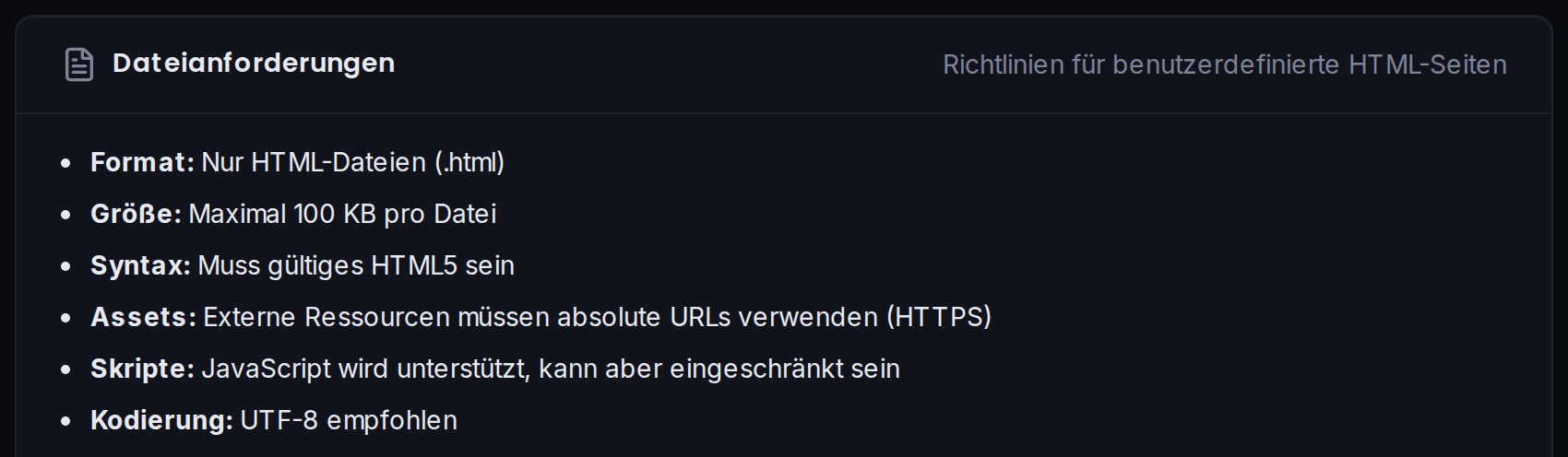 Die Karte „Dateianforderungen“ mit Regeln zu Format, Größe und Kodierung.