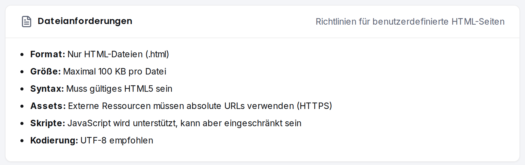 Die Karte „Dateianforderungen“ mit Regeln zu Format, Größe und Kodierung.
