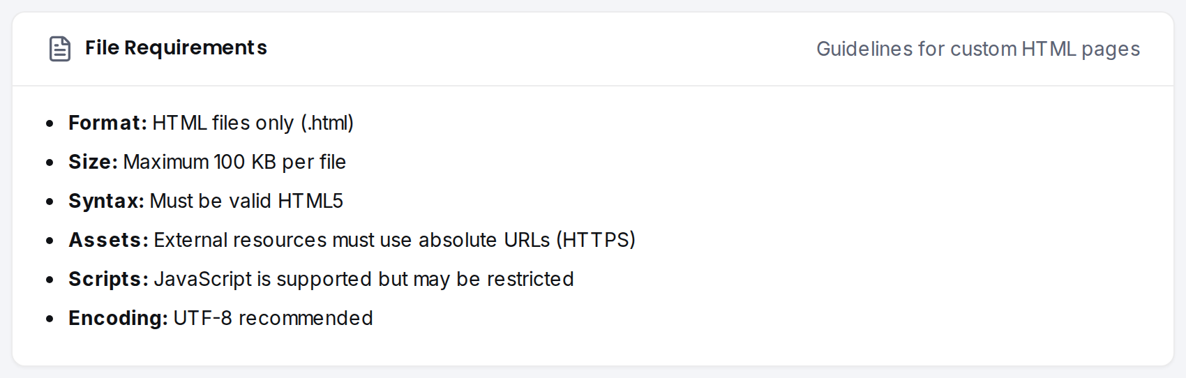 The File Requirements card summarizing format, size and encoding rules.