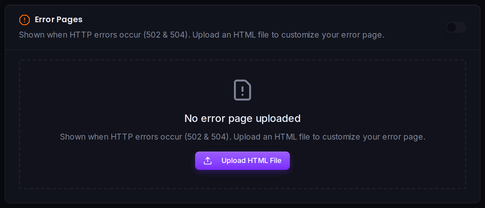 The upload card for a page type: toggle it on and upload an HTML file.