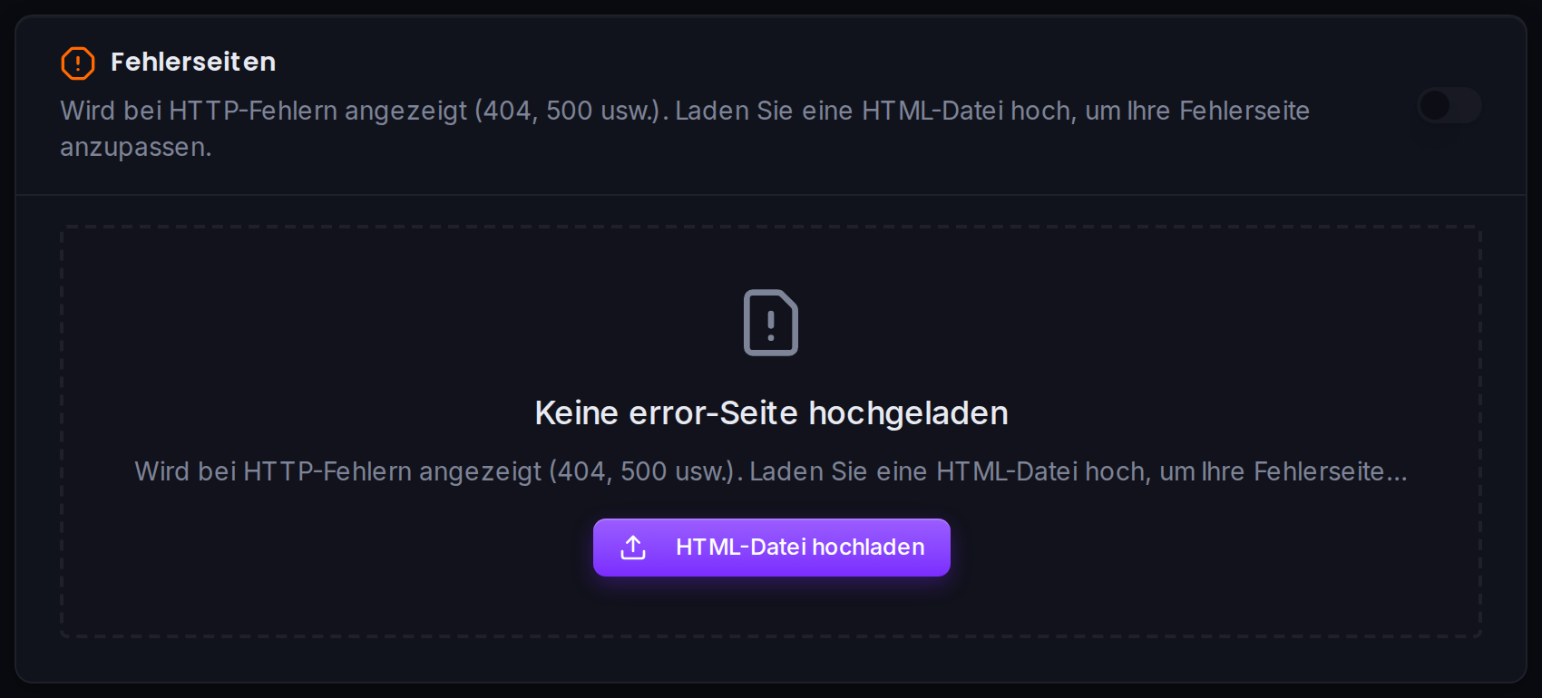 Die Upload-Karte eines Seitentyps: Funktion aktivieren und HTML-Datei hochladen.