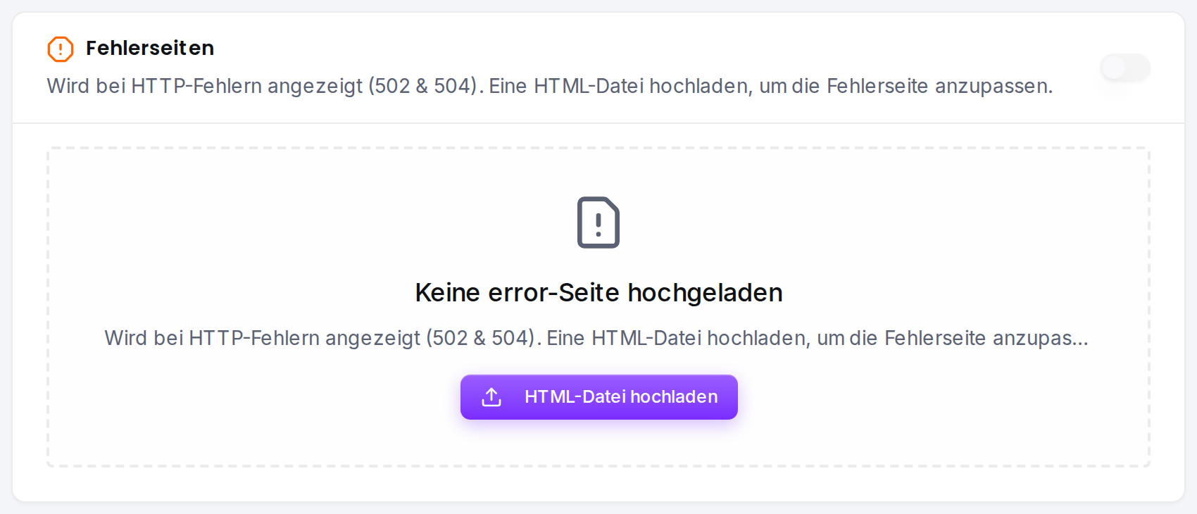 Die Upload-Karte eines Seitentyps: Funktion aktivieren und HTML-Datei hochladen.