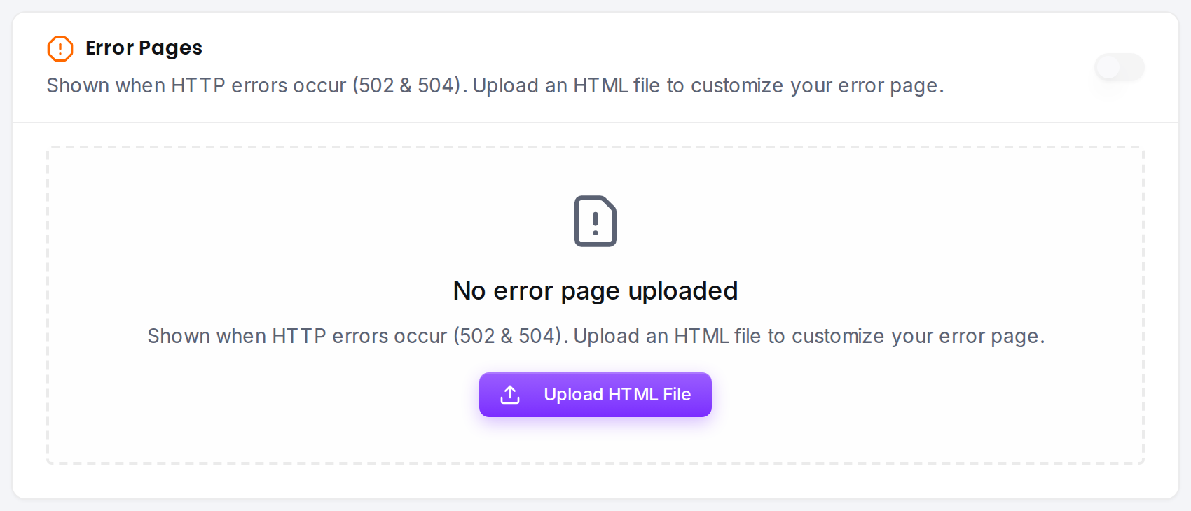 The upload card for a page type: toggle it on and upload an HTML file.