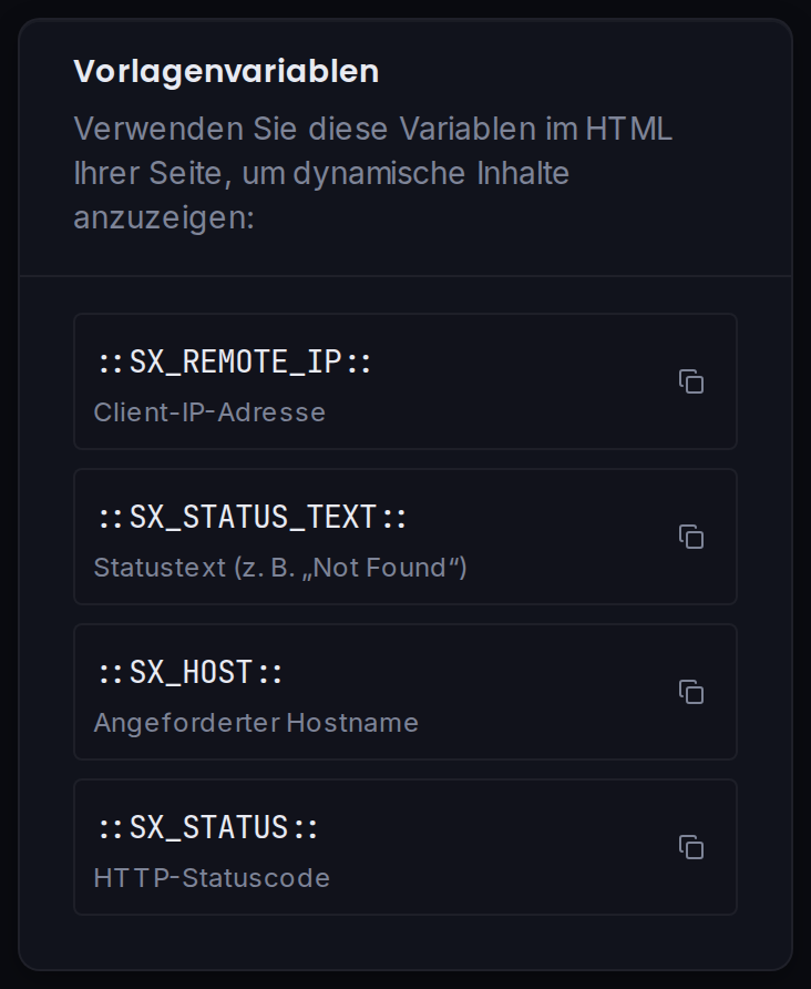 Die Karte „Vorlagenvariablen“ mit einer Kopierschaltfläche je Variable.