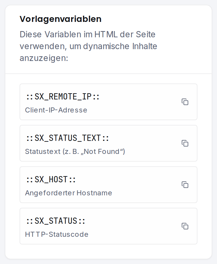 Die Karte „Vorlagenvariablen“ mit einer Kopierschaltfläche je Variable.