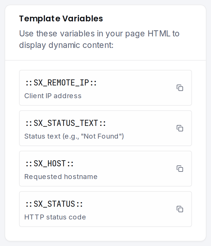 The Template Variables card, with a copy button for each variable.