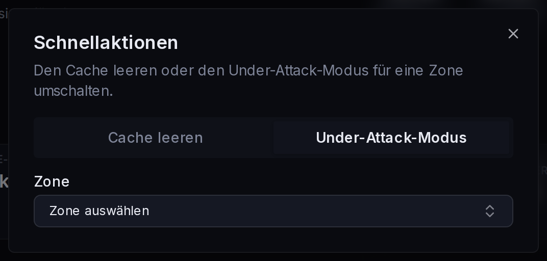 Schnellaktionen, Tab „Under-Attack-Modus“, mit Warnhinweis vor der Aktivierung.