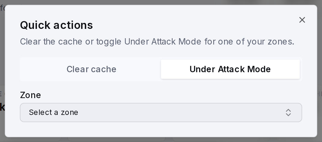 Quick actions, Under Attack Mode tab, with its warning before enabling.