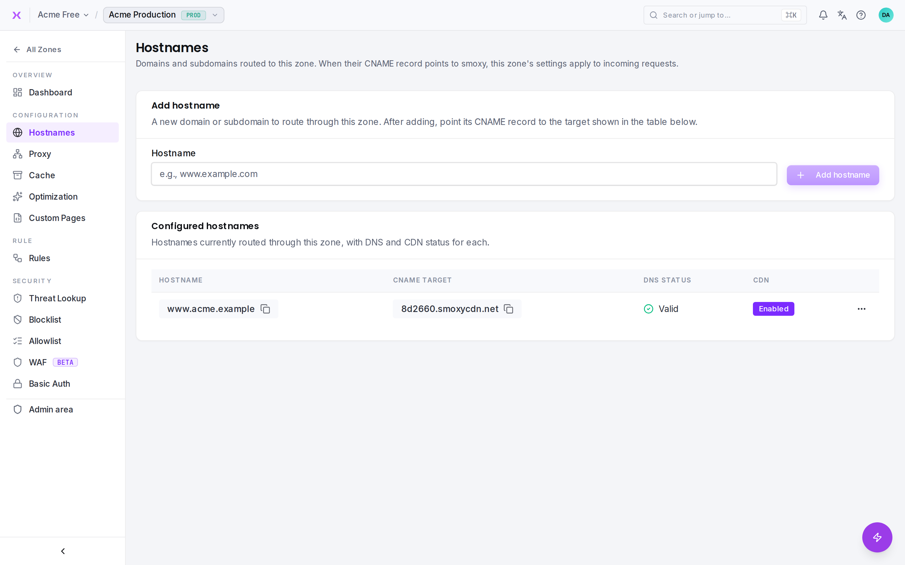 The Hostnames page, where you attach domains to a zone.