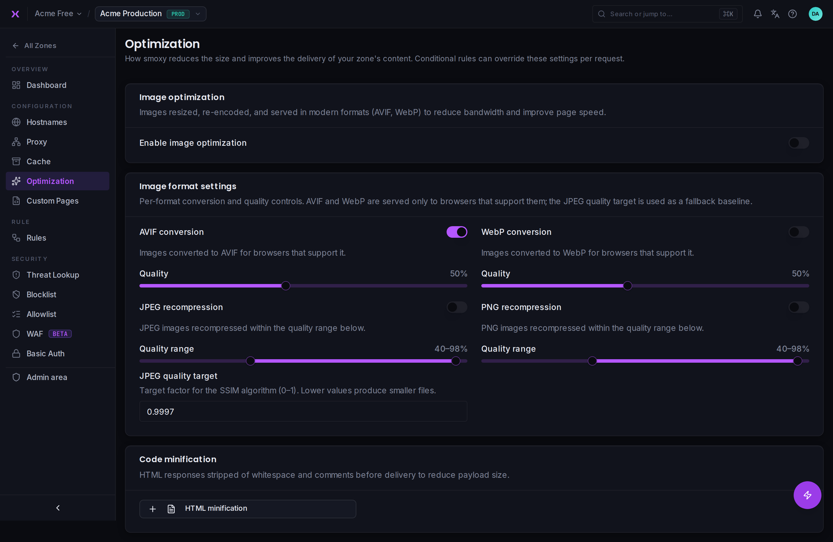 Image optimization and format-conversion settings.