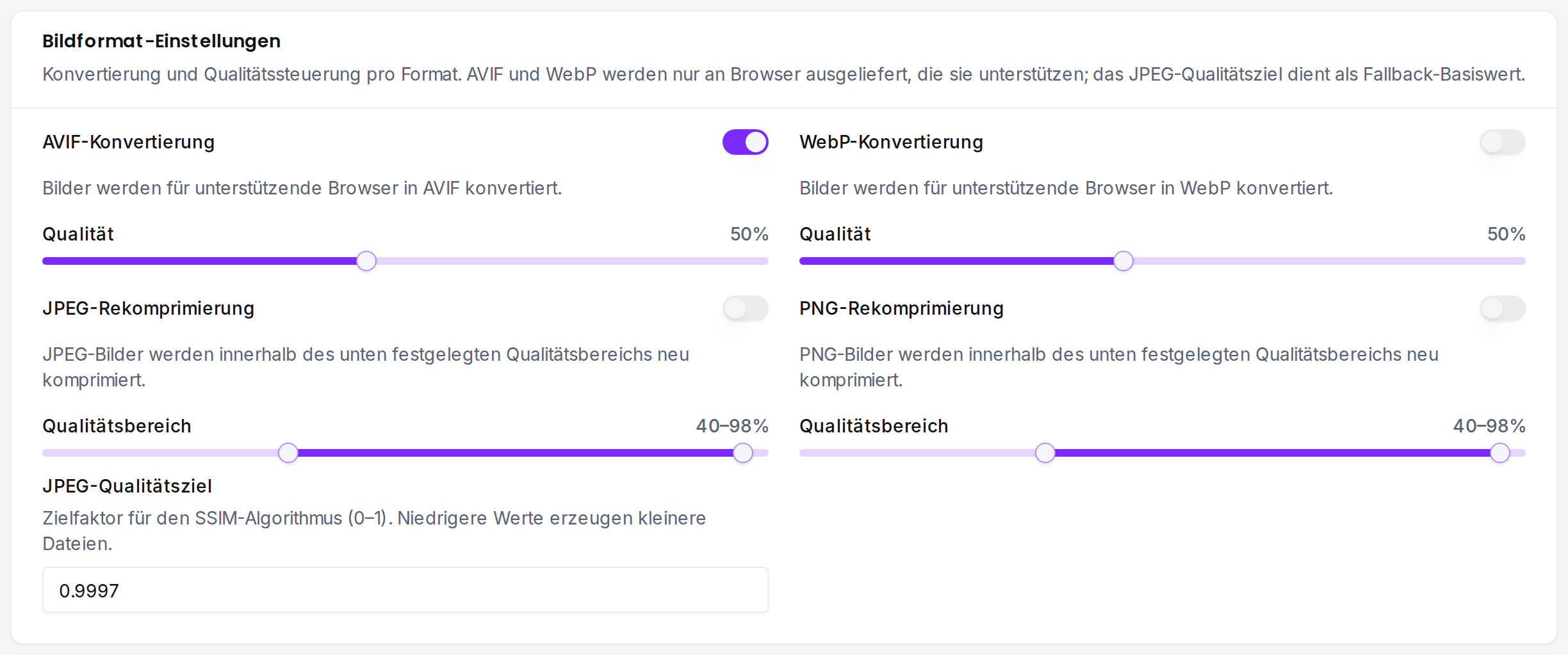 Konvertierungsschalter und Qualitätssteuerung pro Format für AVIF, WebP und das JPEG-Qualitätsziel.