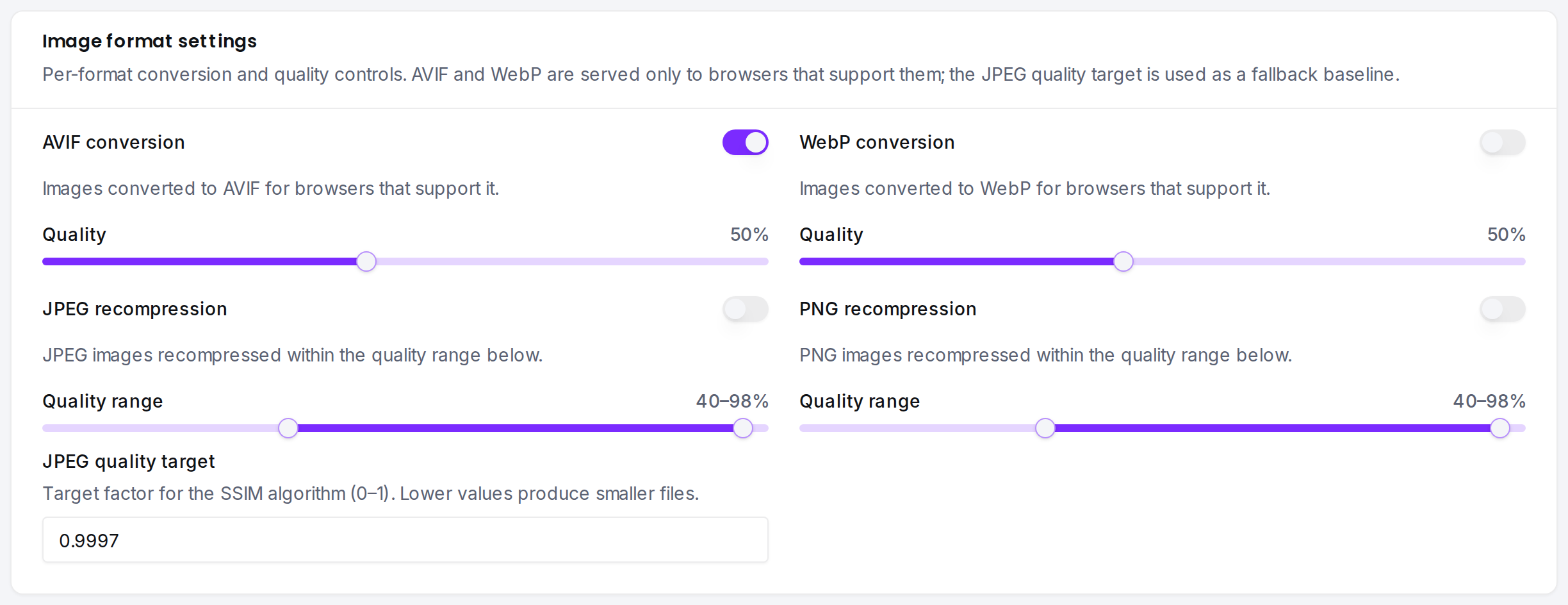 Per-format conversion toggles and quality controls for AVIF, WebP, and the JPEG quality target.