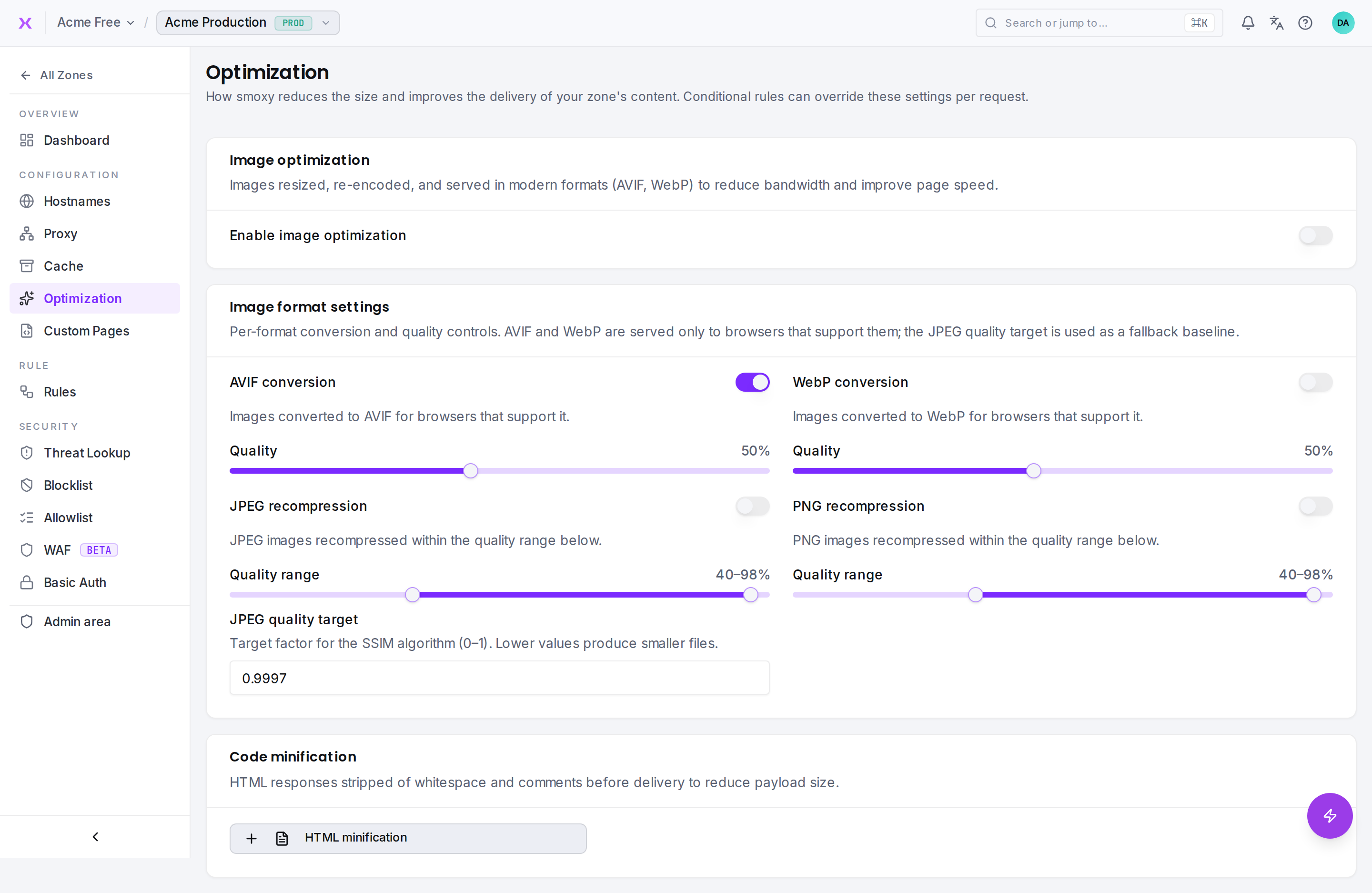 Image optimization and format-conversion settings.