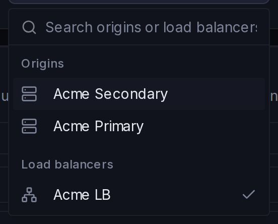 The backend selector groups the available origins and load balancers.