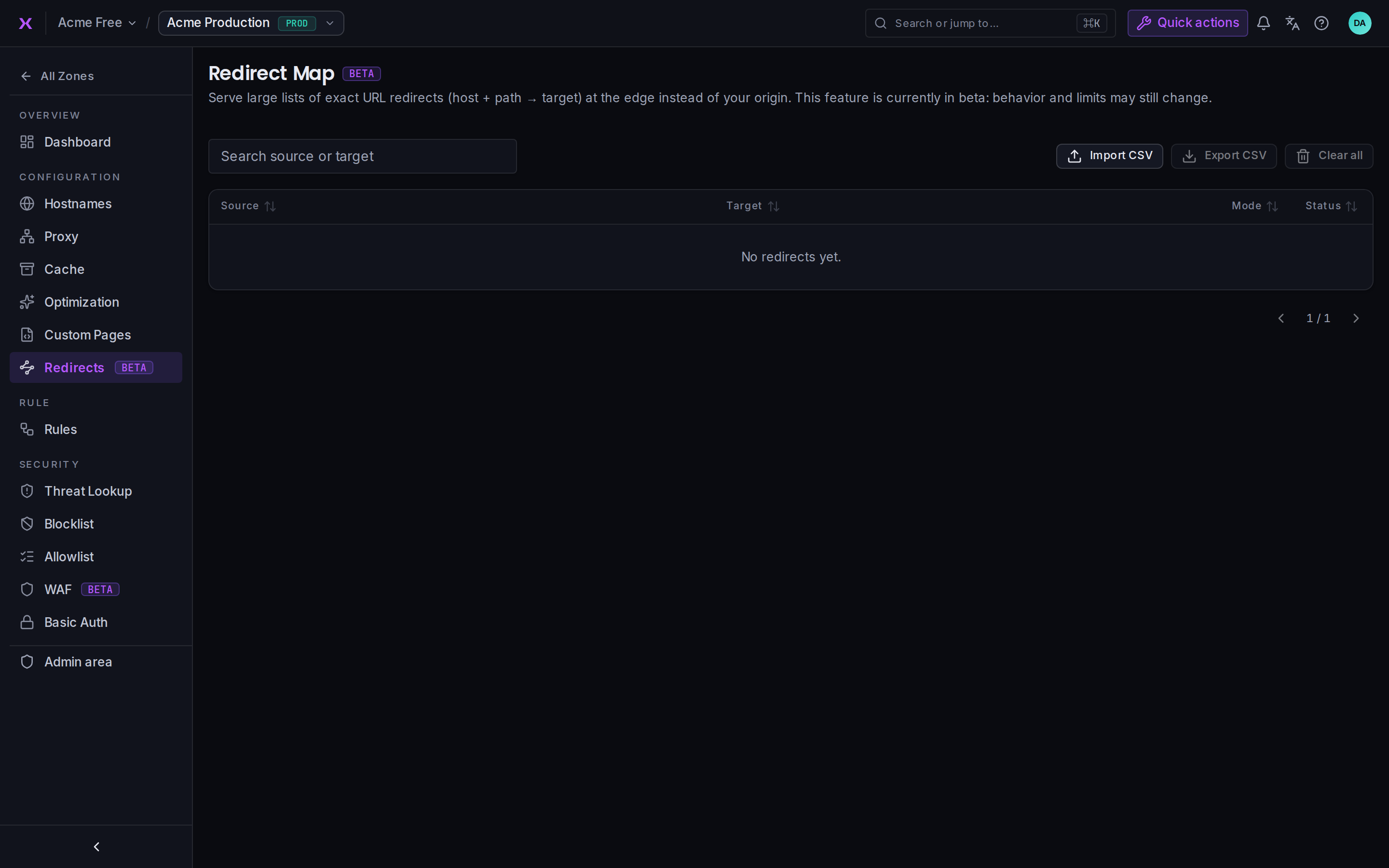 A zone's redirect map: a searchable, sortable table of exact redirects.