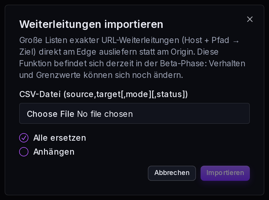 Der Import-Dialog: CSV-Datei wählen und zwischen Ersetzen und Anhängen entscheiden.