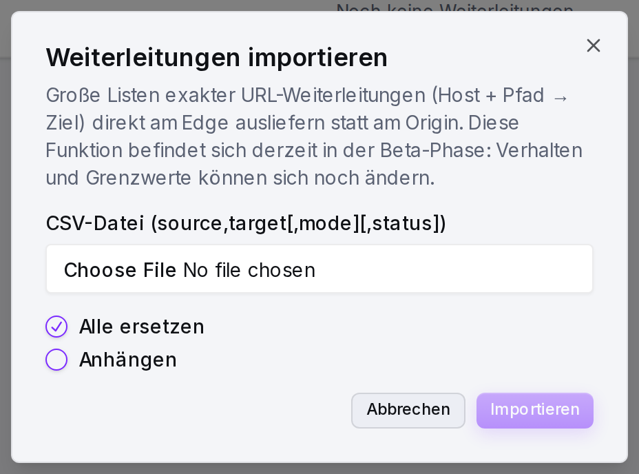 Der Import-Dialog: CSV-Datei wählen und zwischen Ersetzen und Anhängen entscheiden.