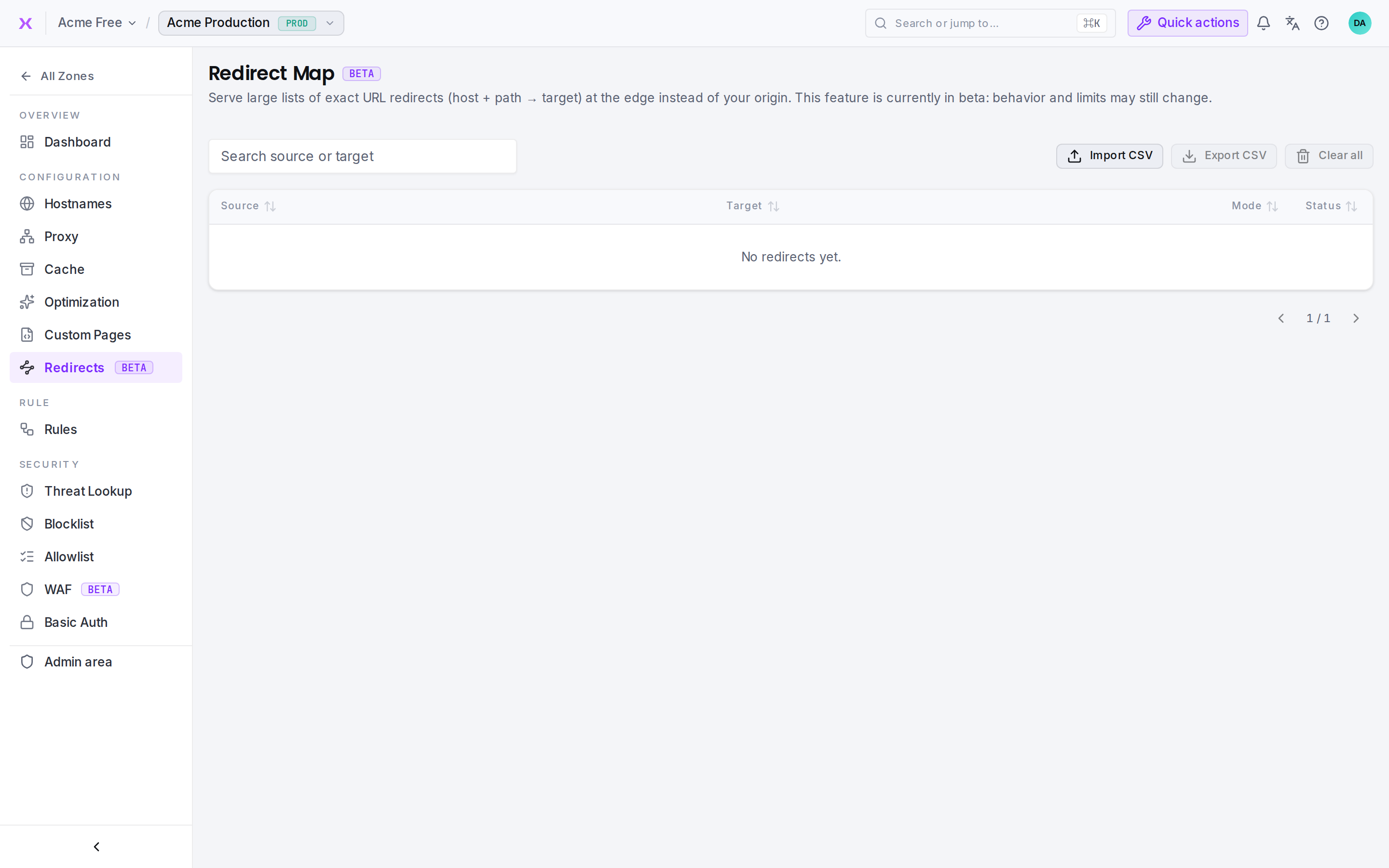 A zone's redirect map: a searchable, sortable table of exact redirects.