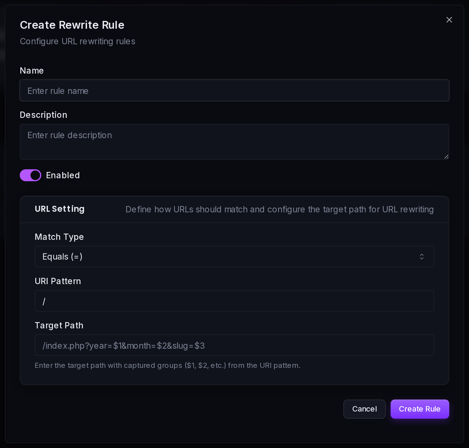 The Create Rewrite Rule form: name, description, match type, URI pattern and target path.