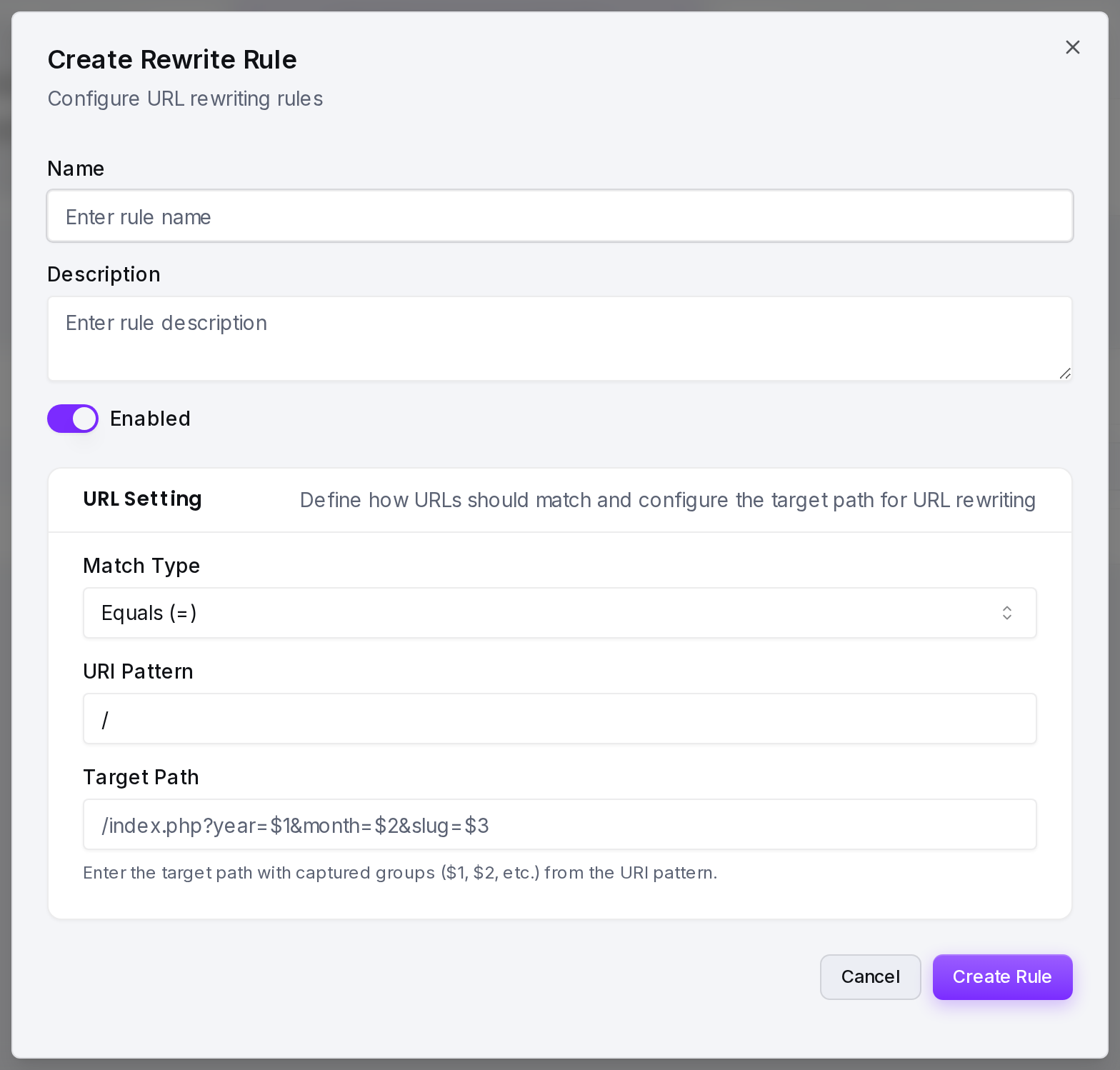 The Create Rewrite Rule form: name, description, match type, URI pattern and target path.
