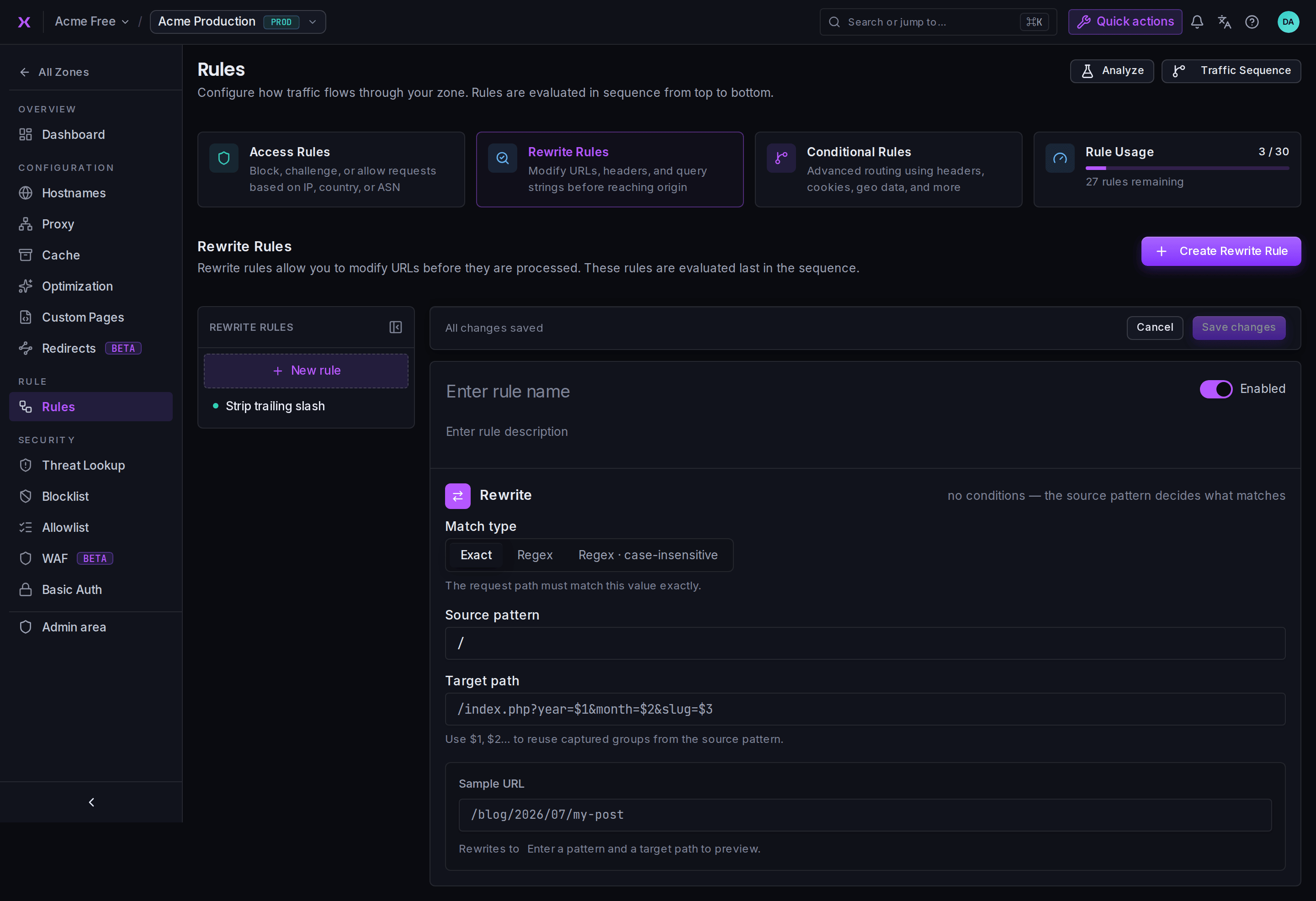 The Rewrite Rule editor: name, description, match type, URI pattern, target path and a live preview.