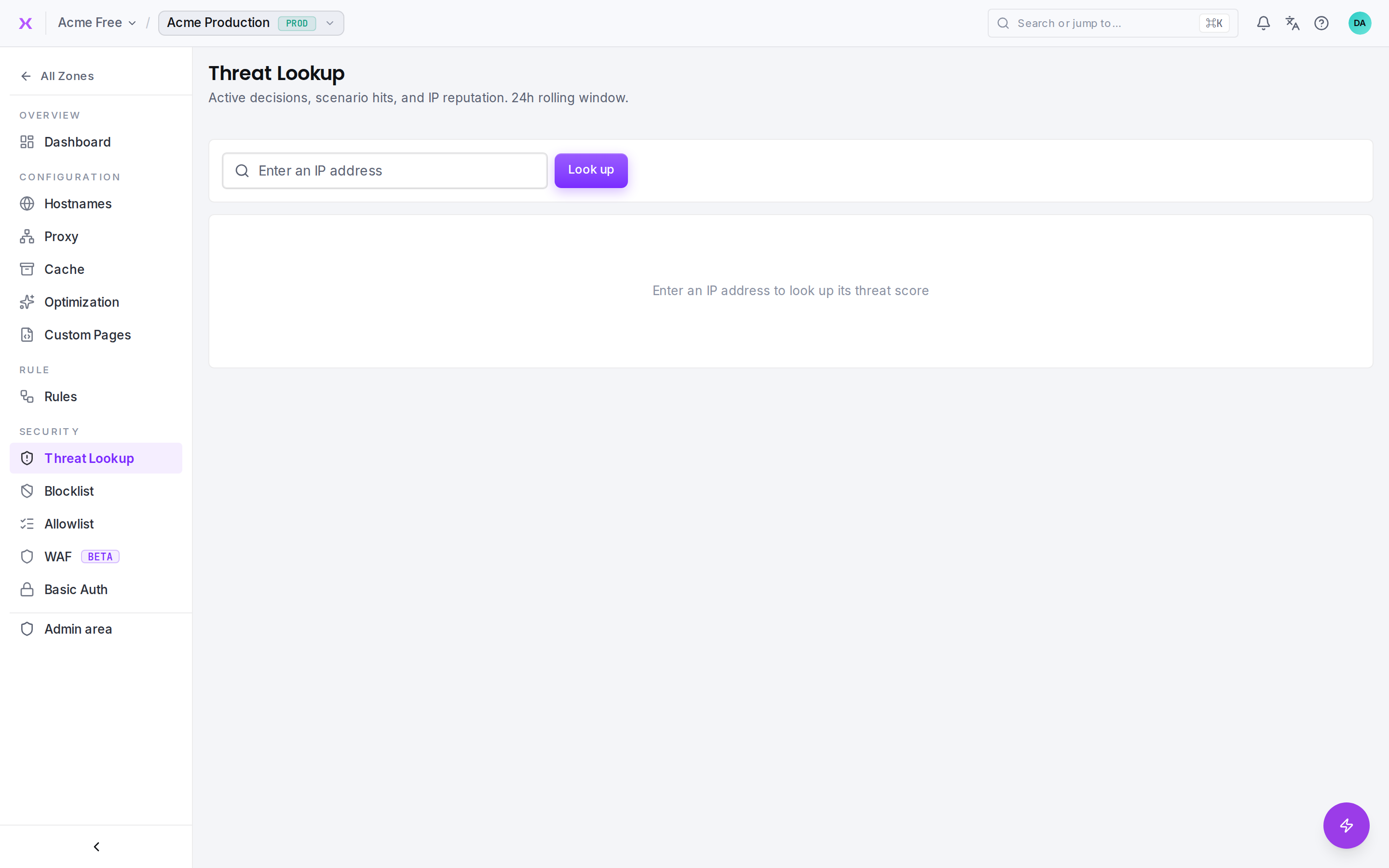 The Threats page: look up the current security decision for an IP.