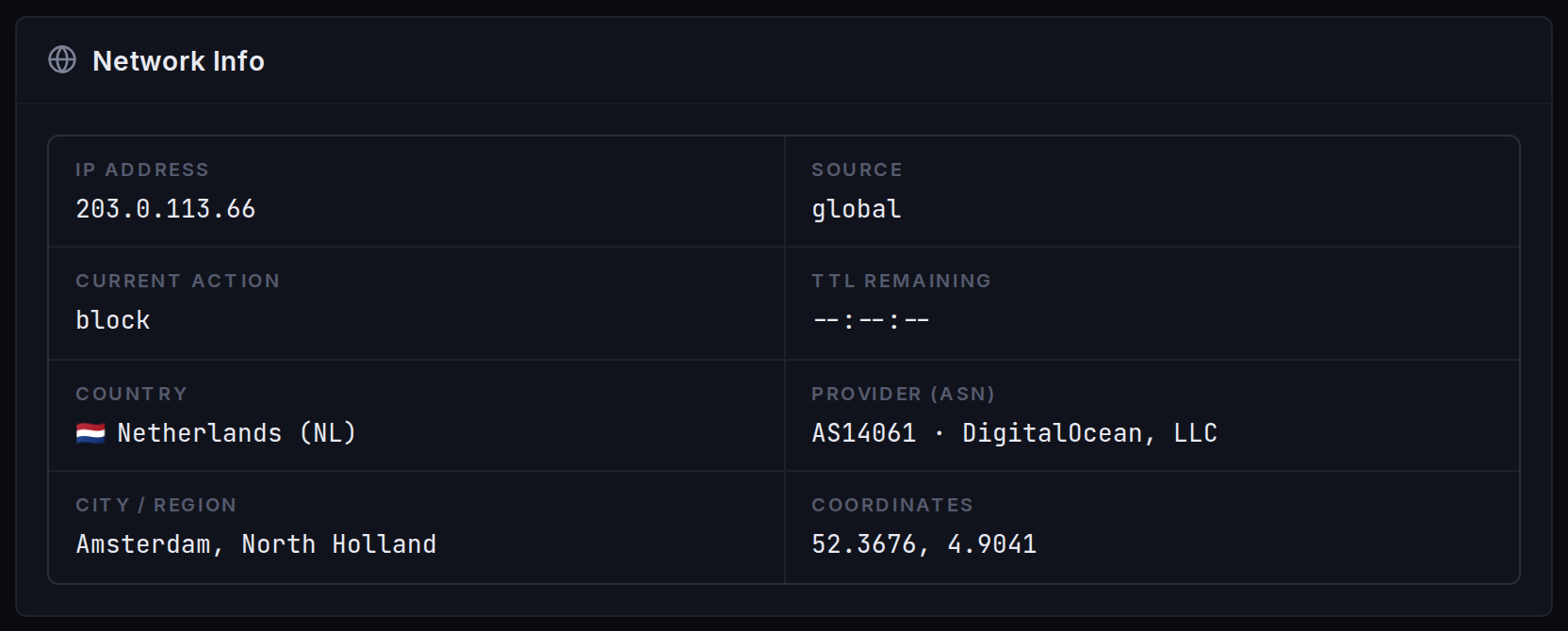 The Network Info card: geolocation and network operator for the looked-up IP.