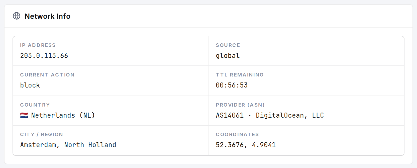 The Network Info card: geolocation and network operator for the looked-up IP.
