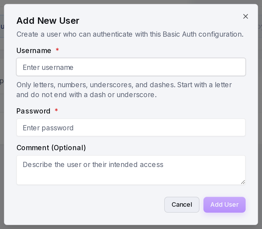 The Add New User form: username, password and an optional comment.