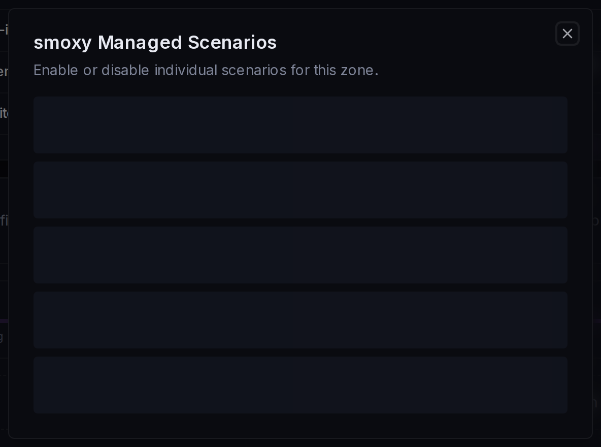 The Managed Scenarios dialog: each scenario with a per-zone on/off toggle.