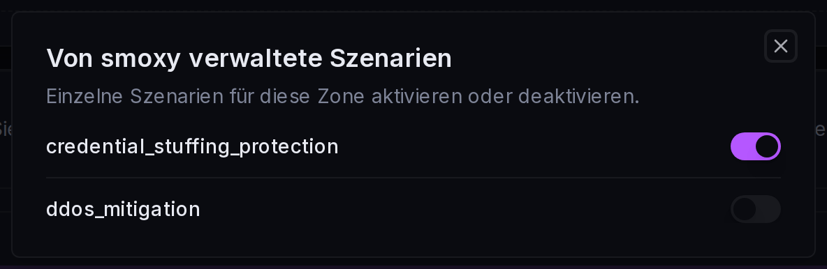 Der Dialog der verwalteten Szenarien: jedes Szenario mit einem Ein/Aus-Schalter pro Zone.