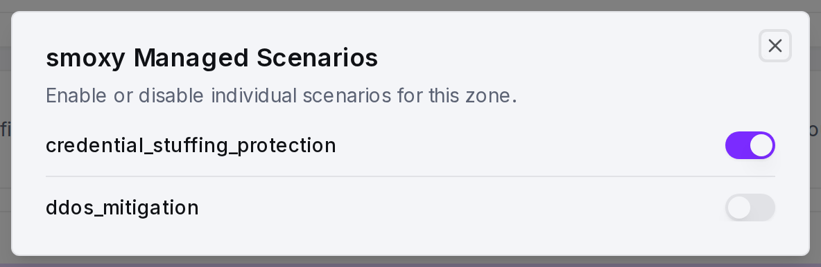 The Managed Scenarios dialog: each scenario with a per-zone on/off toggle.