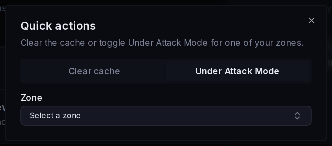 The Under Attack Mode tab of the quick-actions dialog, with the warning shown before enabling.