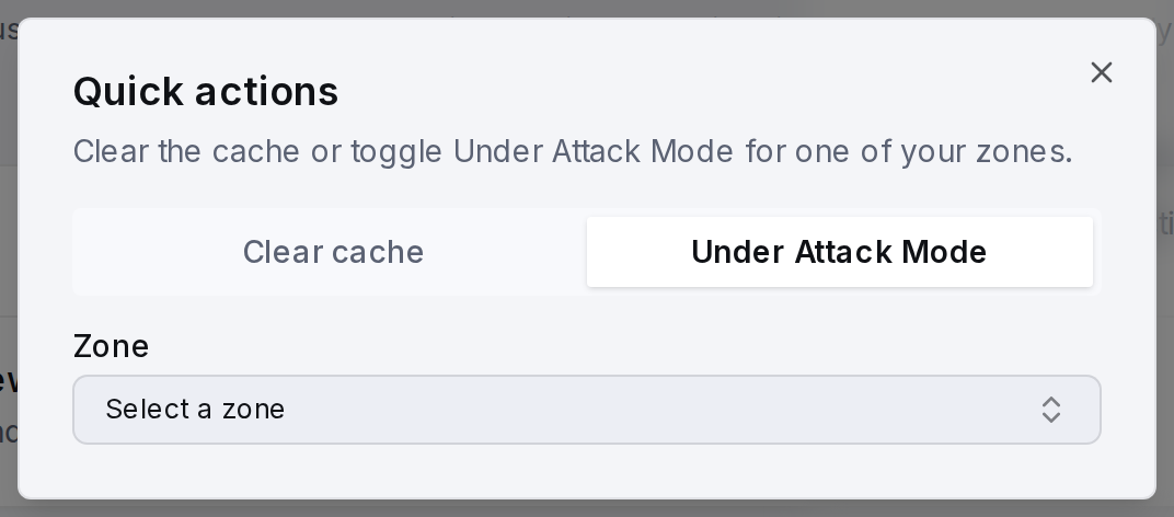 The Under Attack Mode tab of the quick-actions dialog, with the warning shown before enabling.